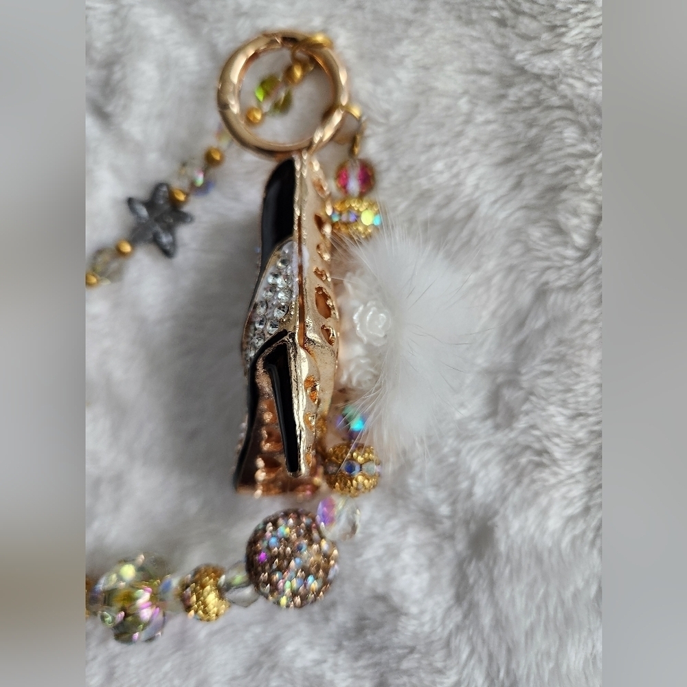 Gold and Brown Beaded Bag Charm Chain And Keychain Set Studded Boot Animal Print - Picture 10 of 16